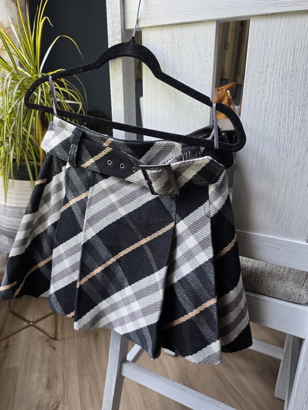 Authentic Burberry Blue Label Plaid Belted Mini Skirt in Black and White